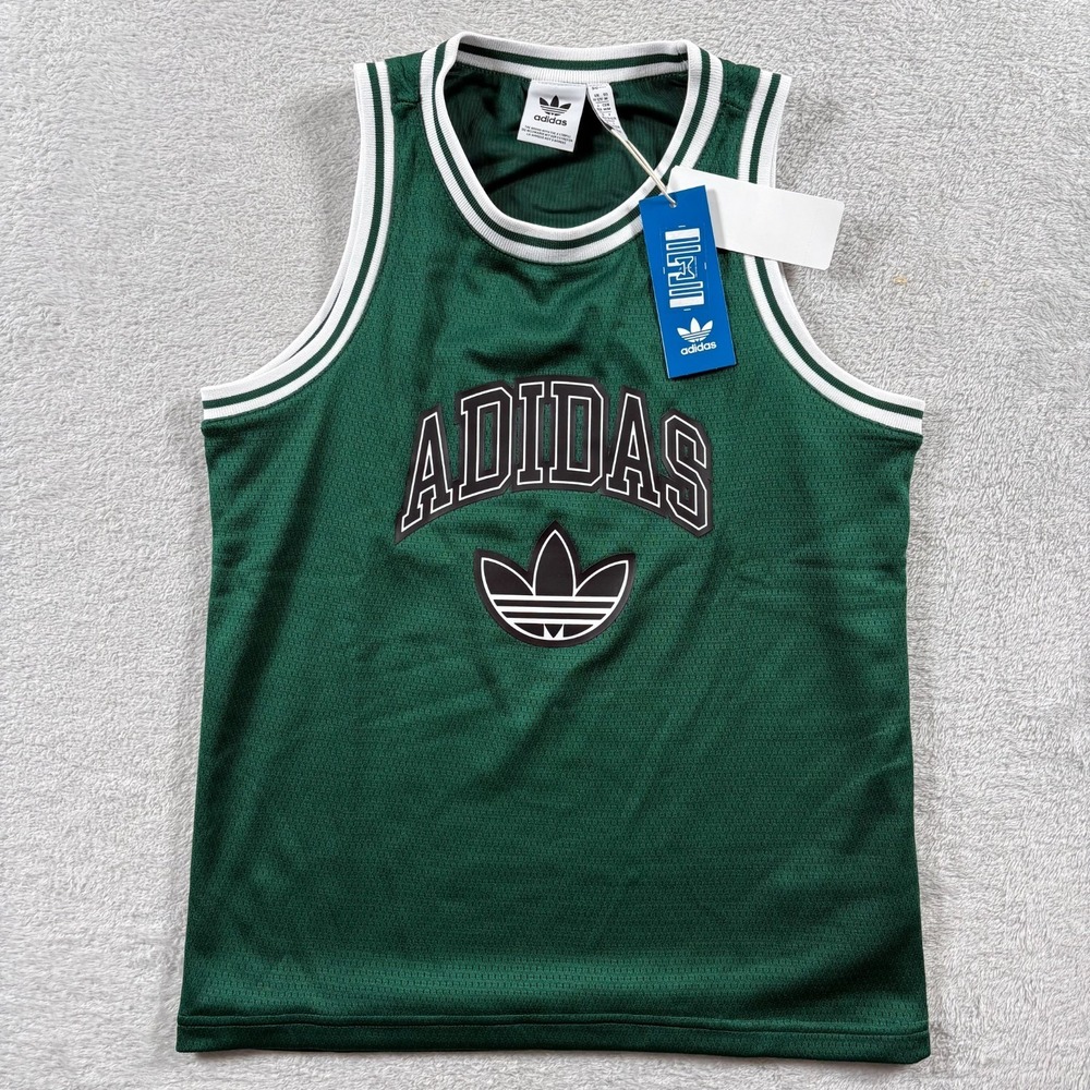 Adidas Jersey Tank Top Boys Medium Green Trefoil Logo Mesh‎ Lined Round Neck